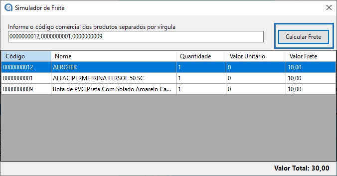 Código comercial produtos simulador de frete