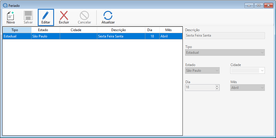 Editar cadastro de feriado