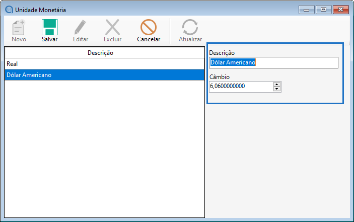 Editar cadastro unidade monetária