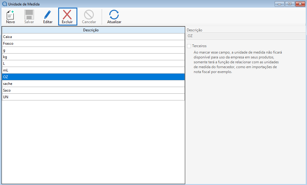 Exclusão cadastro de unidade de medida