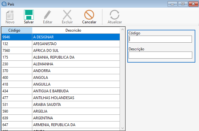 Cadastro de um novo país