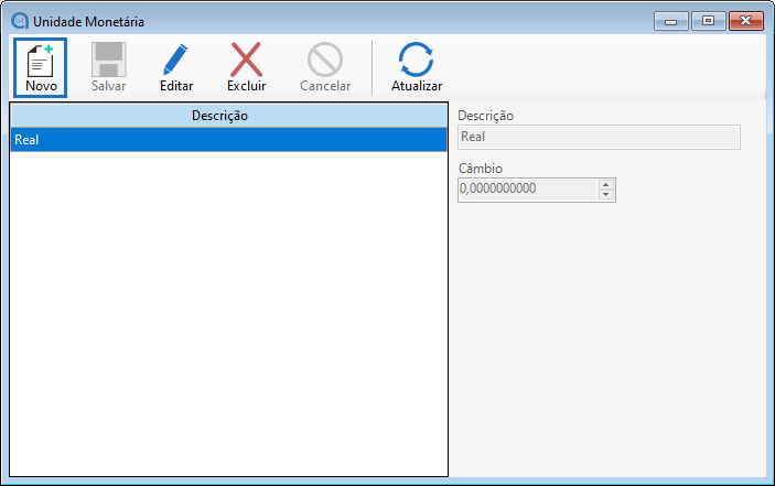 Cadastro de nova unidade monetária
