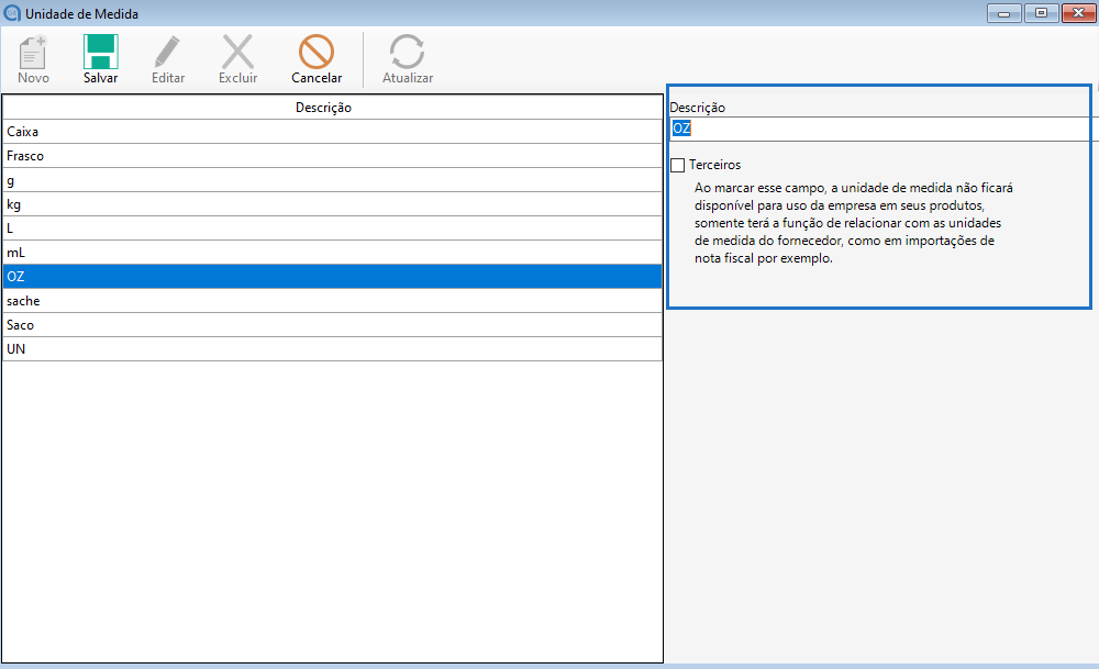 Cadastro nova unidade de medida