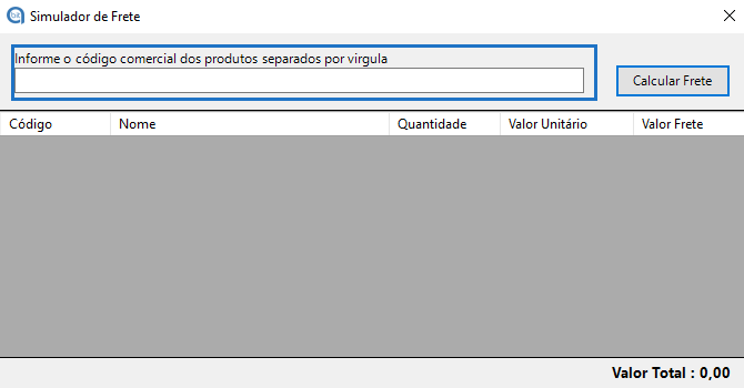 Tela do simulador de frete