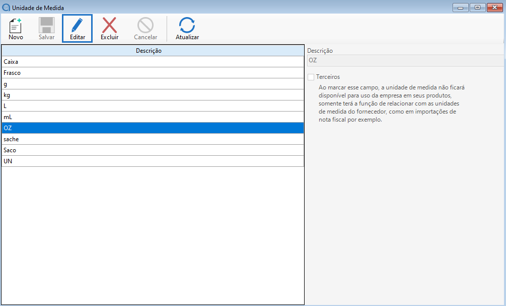 Edição cadastro de unidade de medida