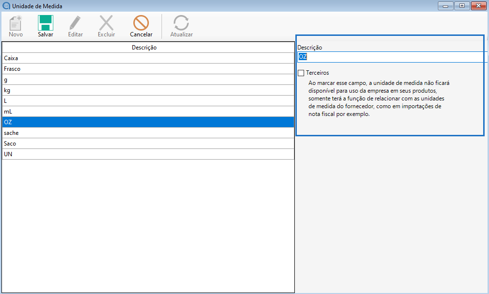 Editar cadastro de unidade de medida