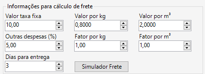 Tela informações para cálculo de frete