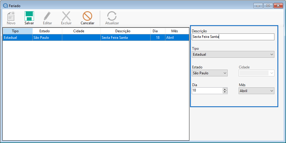 Edição de cadastro de feriado