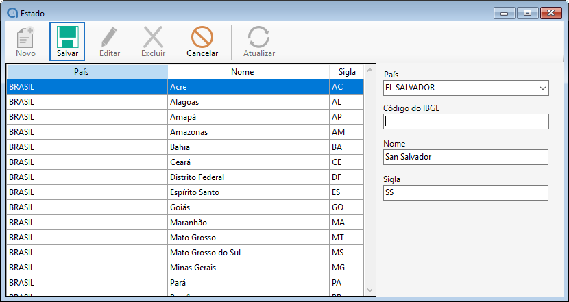 Salvar cadastro de novo estado