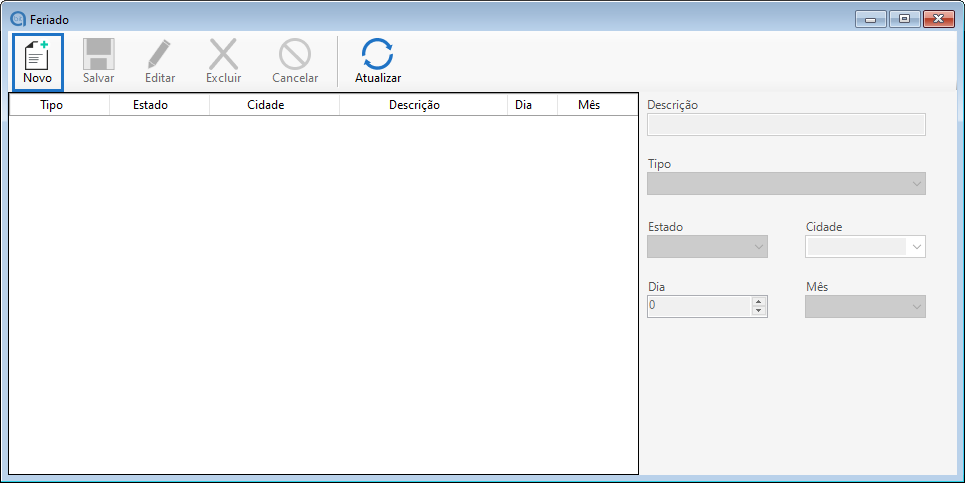 Tela de cadastro de feriado