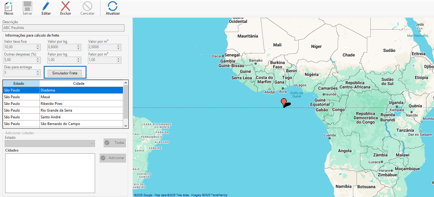Tela simulador de frete