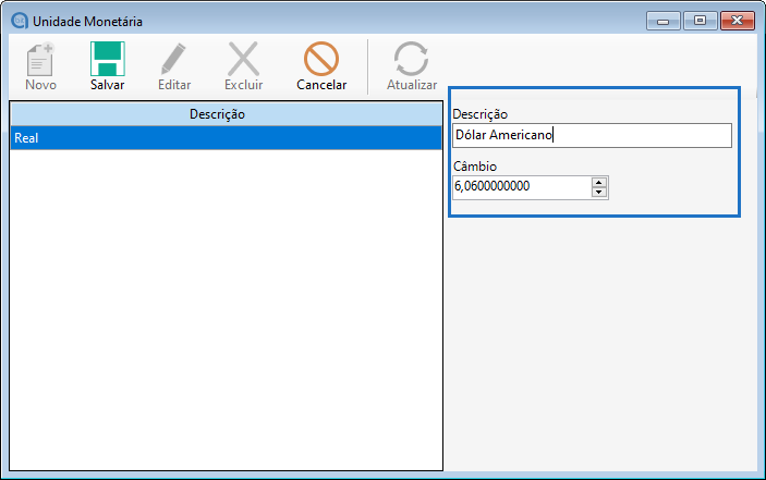 Cadastro de unidade monetária