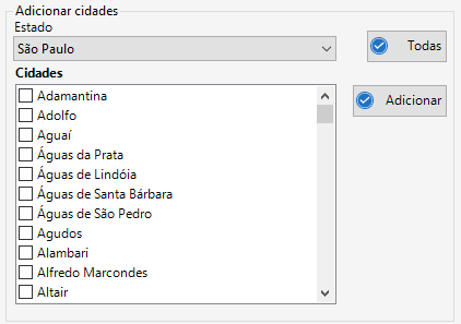 Tela cadastro de cidades da região