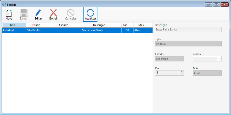 Atualizar cadastro de feriados