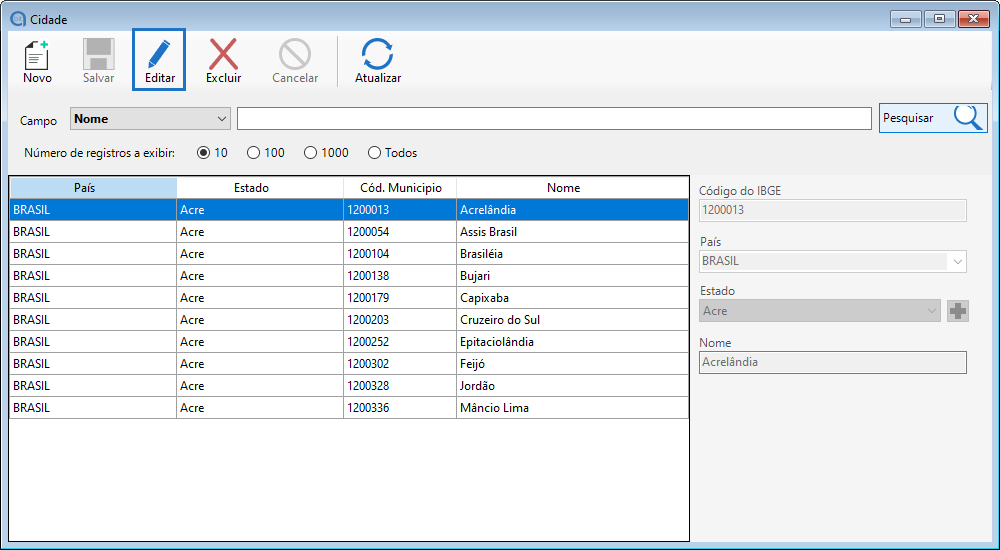 Editar cadastro de uma cidade