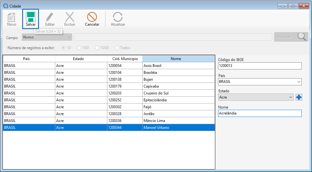 Salvar cadastro de nova cidade
